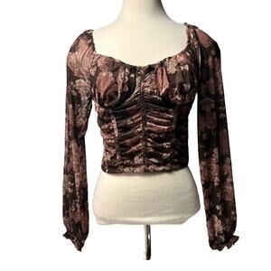 Dylan Ryan Blouse Top Women M Brown Ruched Bustier Sheer Floral Fairy